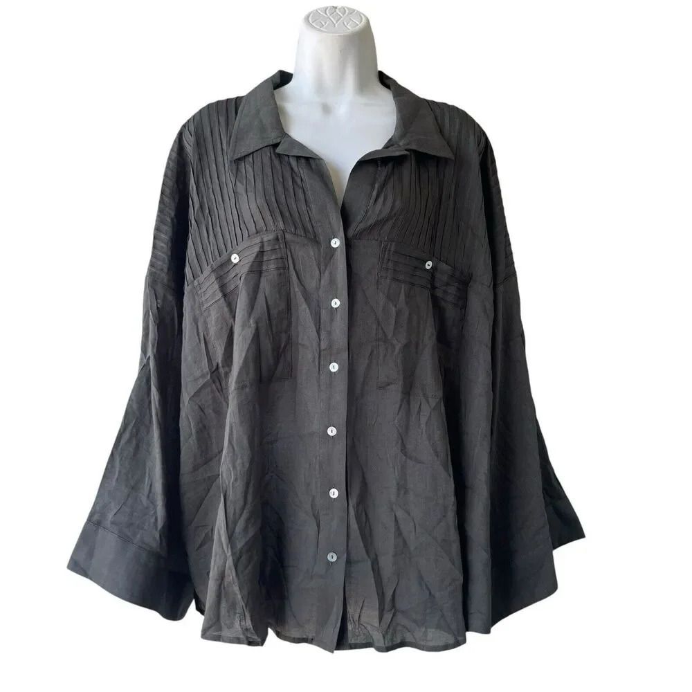 SPELL AND THE GYPSY Linda Boxy Top L Charcoal Button Down Blouse Long Sleeve